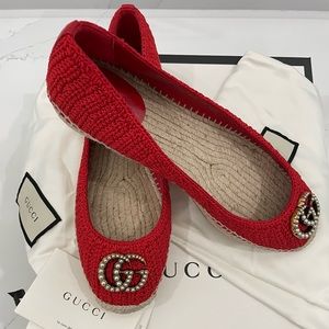 Gucci Red Lilibeth Crochet Pearl Espadrilles Flats